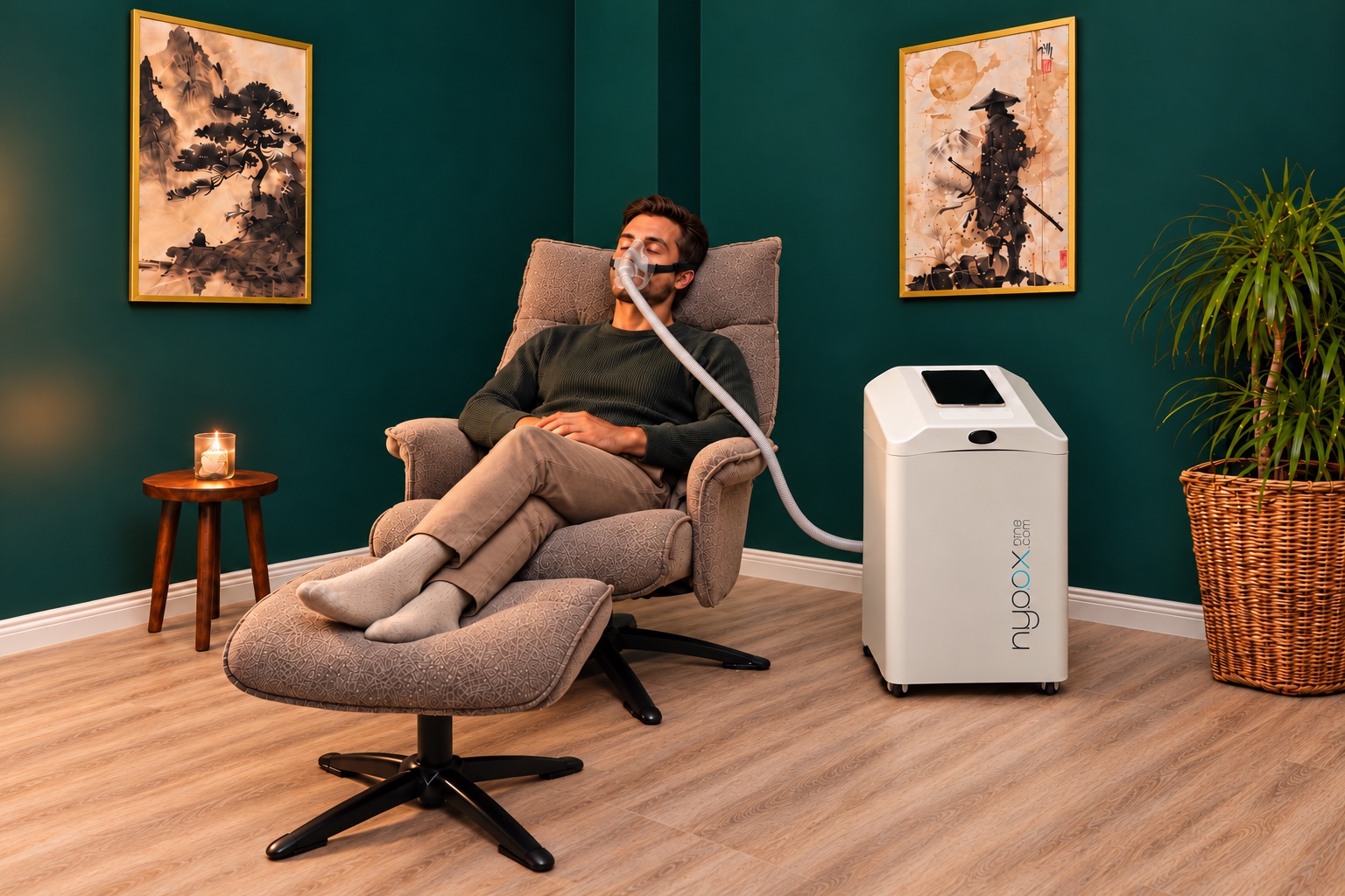 So sieht eine Sitzung aus: bequemer Sessel mit Hocker, Atemmaske und das weiße Gerät daneben.