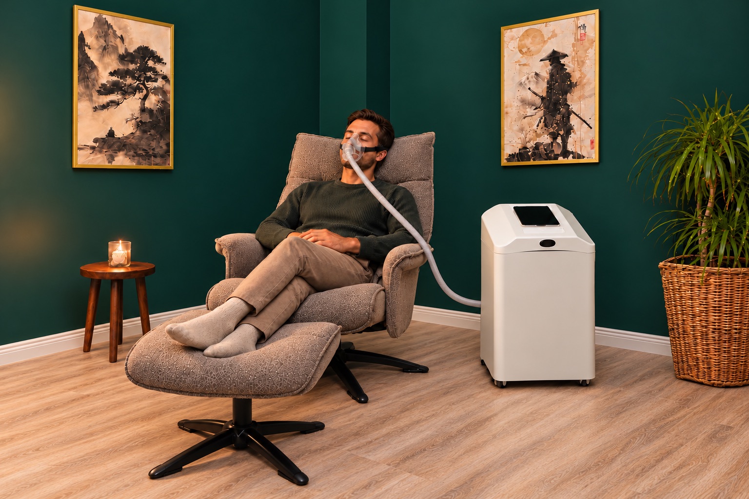 Ein Mann sitzt entspannt im Sessel, die Füße auf einem Hocker, und atmet durch eine Maske. Daneben steht ein weißes Gerät, an der Wand hängen zwei Bilder.